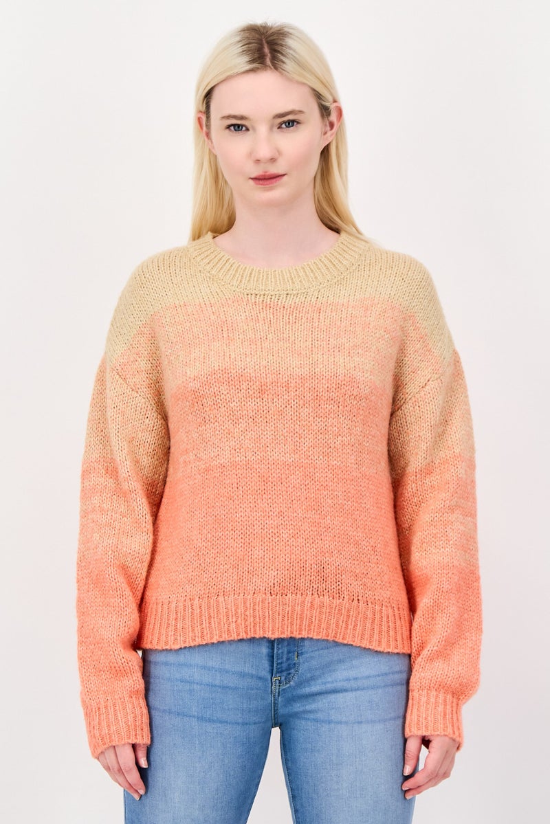 Fire & Glory Women Crew Neck Crochet Long Sleeve Sweater, Orange - Image 1